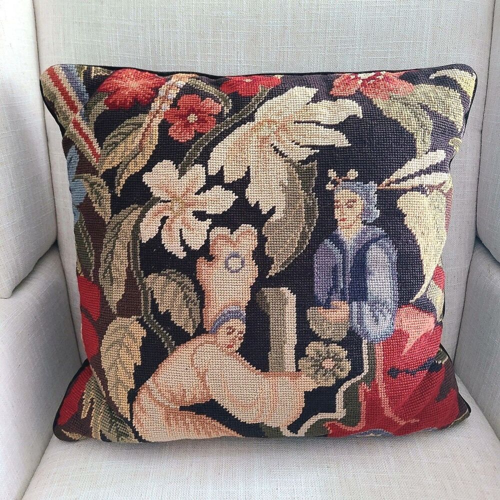 Throw Pillow Michaelian St.Cyr Needlepoint Handmade Wool/ Velvet Elegance 18x18